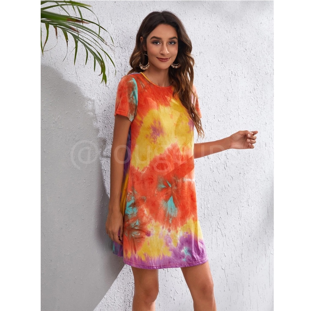Bright Tie Dye Print Mini Tee Shirt Dress Short Sleeve Orange Yellow A-Line - Picture 4 of 7